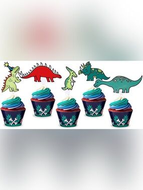 Dinosaur Cupcake Toppers and Wrappers - Multi-Color